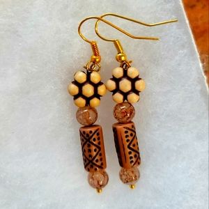 ARTESAN CREATED POLISHED WOOD &BEAD RAKU  UNIQUE EARRINGS